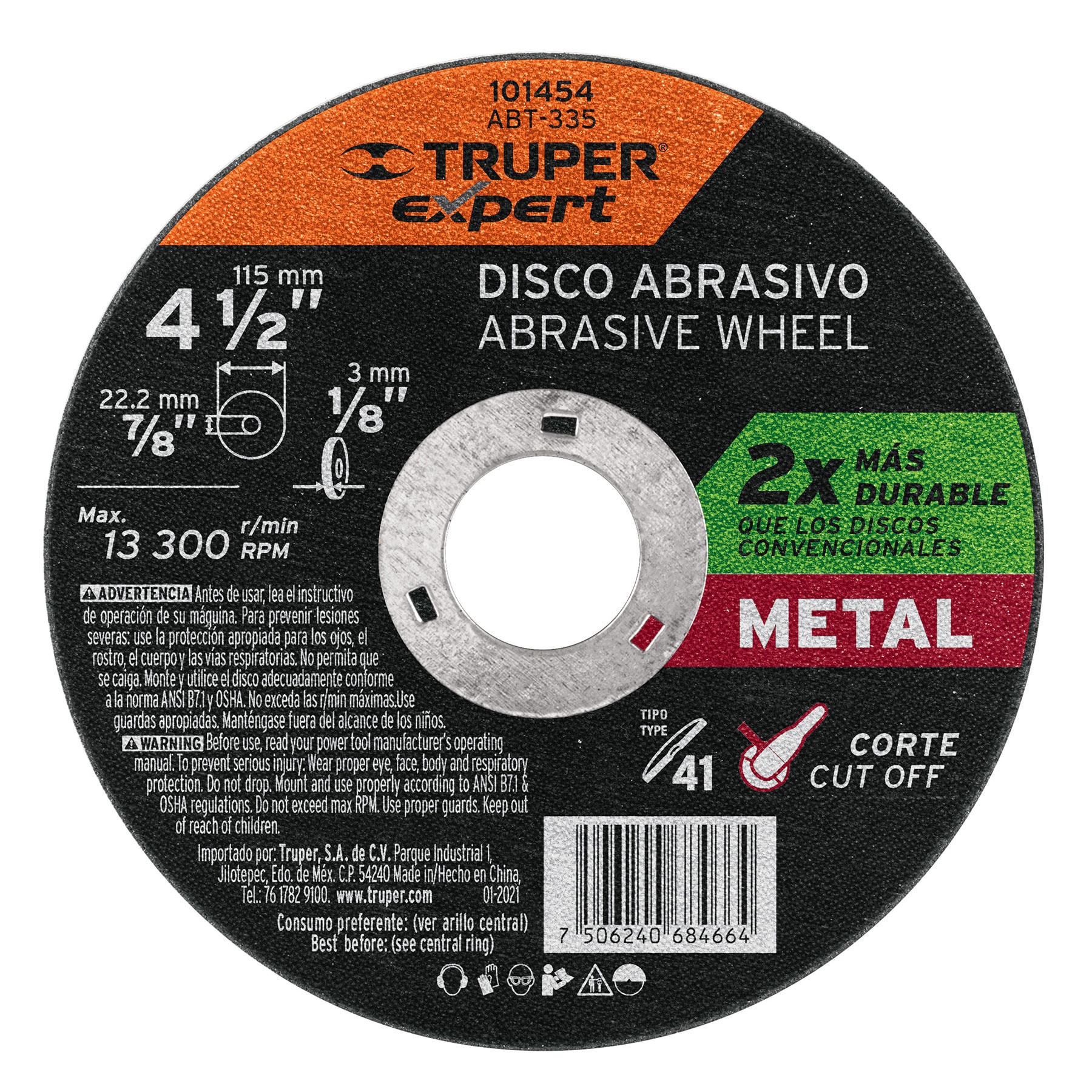 Disco para corte de metal 4-1/2" tipo 41 de 3mm Truper Expert