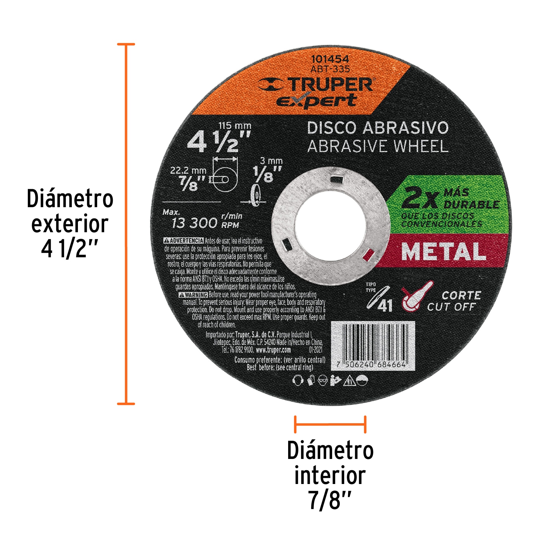 Disco para corte de metal 4-1/2" tipo 41 de 3mm Truper Expert
