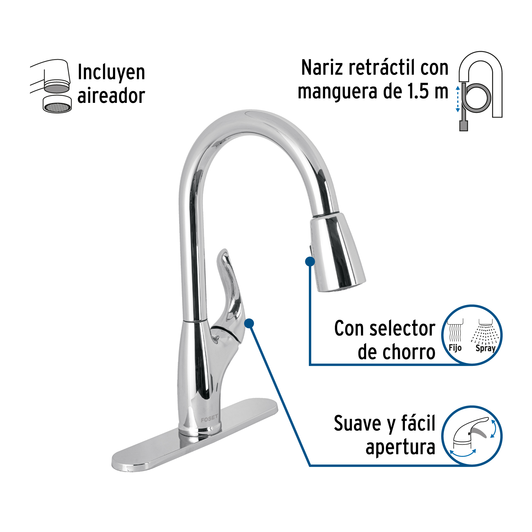 Mezcladora Monomando fregadero cromo nariz retractil