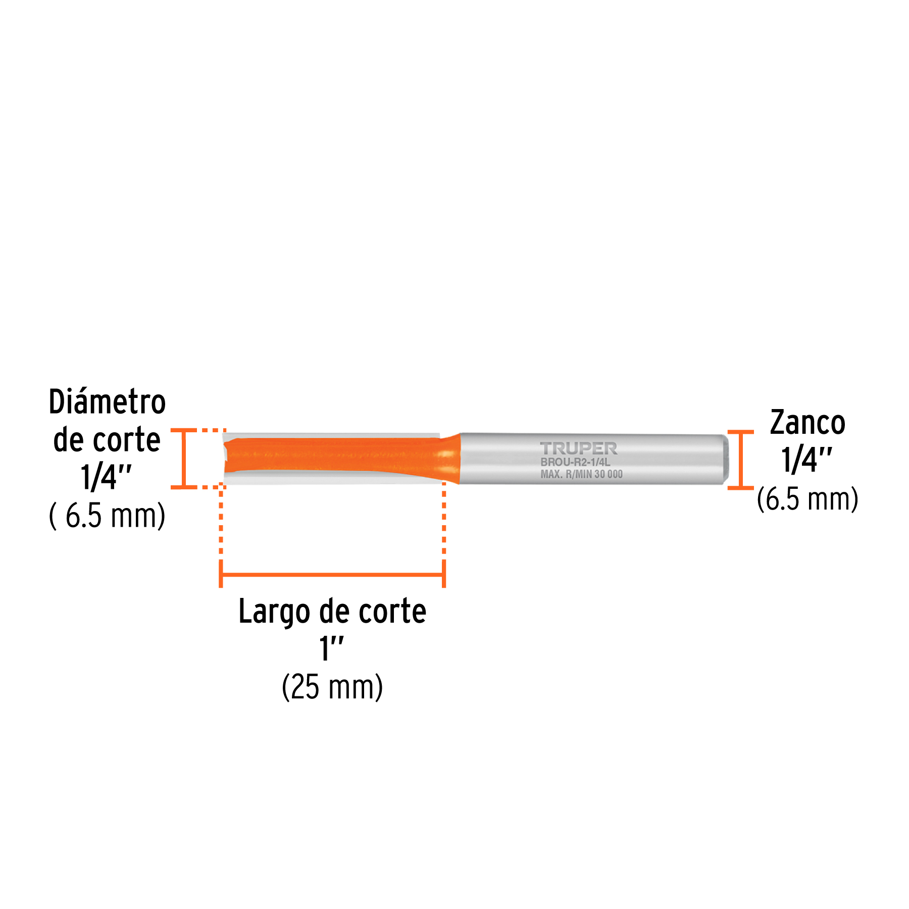 Broca para router, recta 2 filos, 1/4", larga