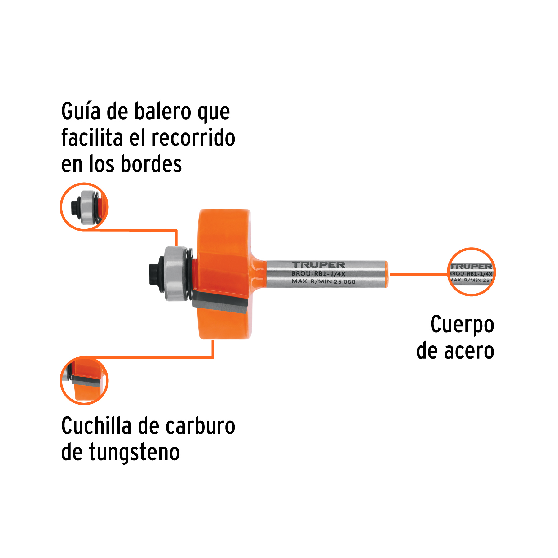 Broca para router, rebajado, 1-1/4" con balero