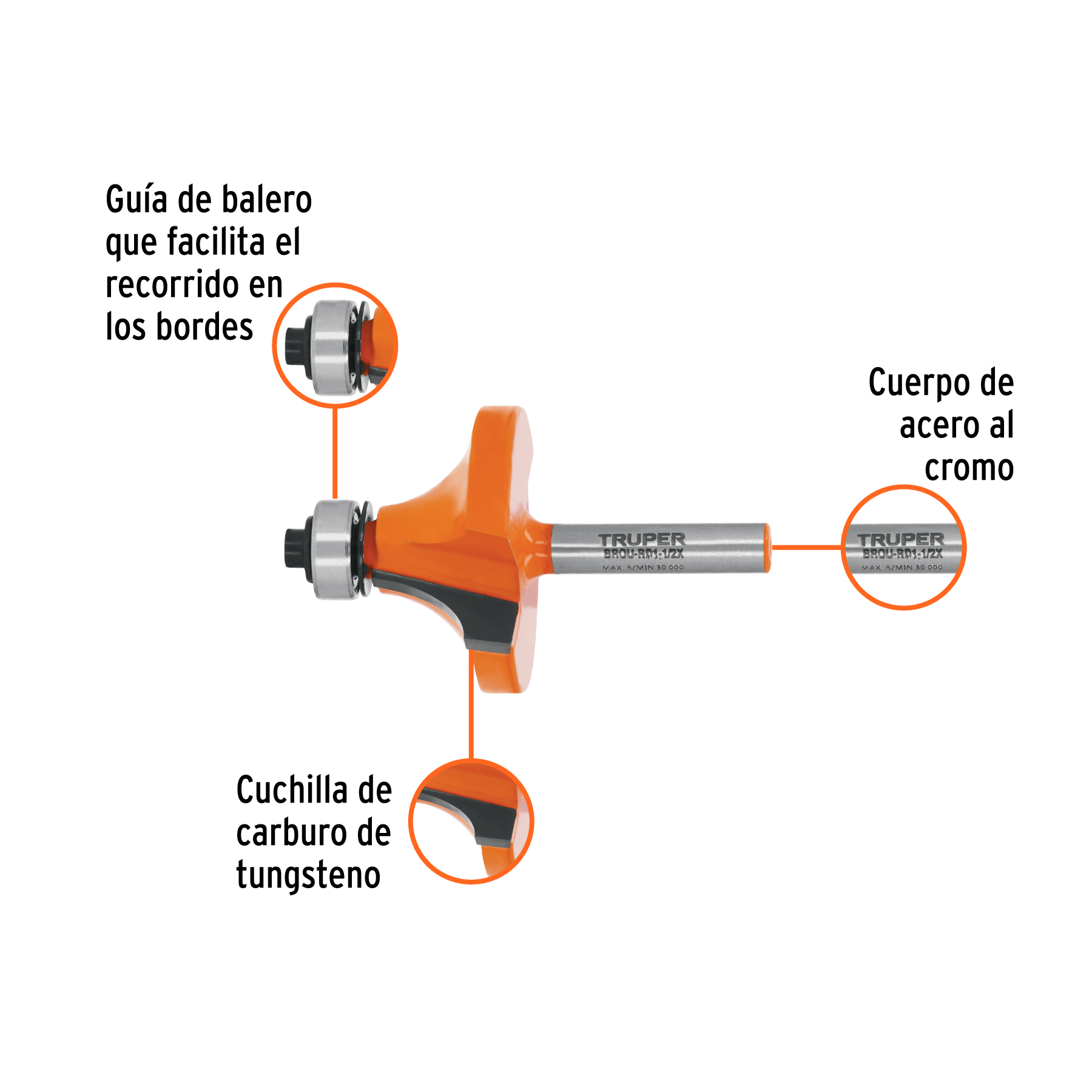 Broca para router, redondeado, 1-1/2" con balero