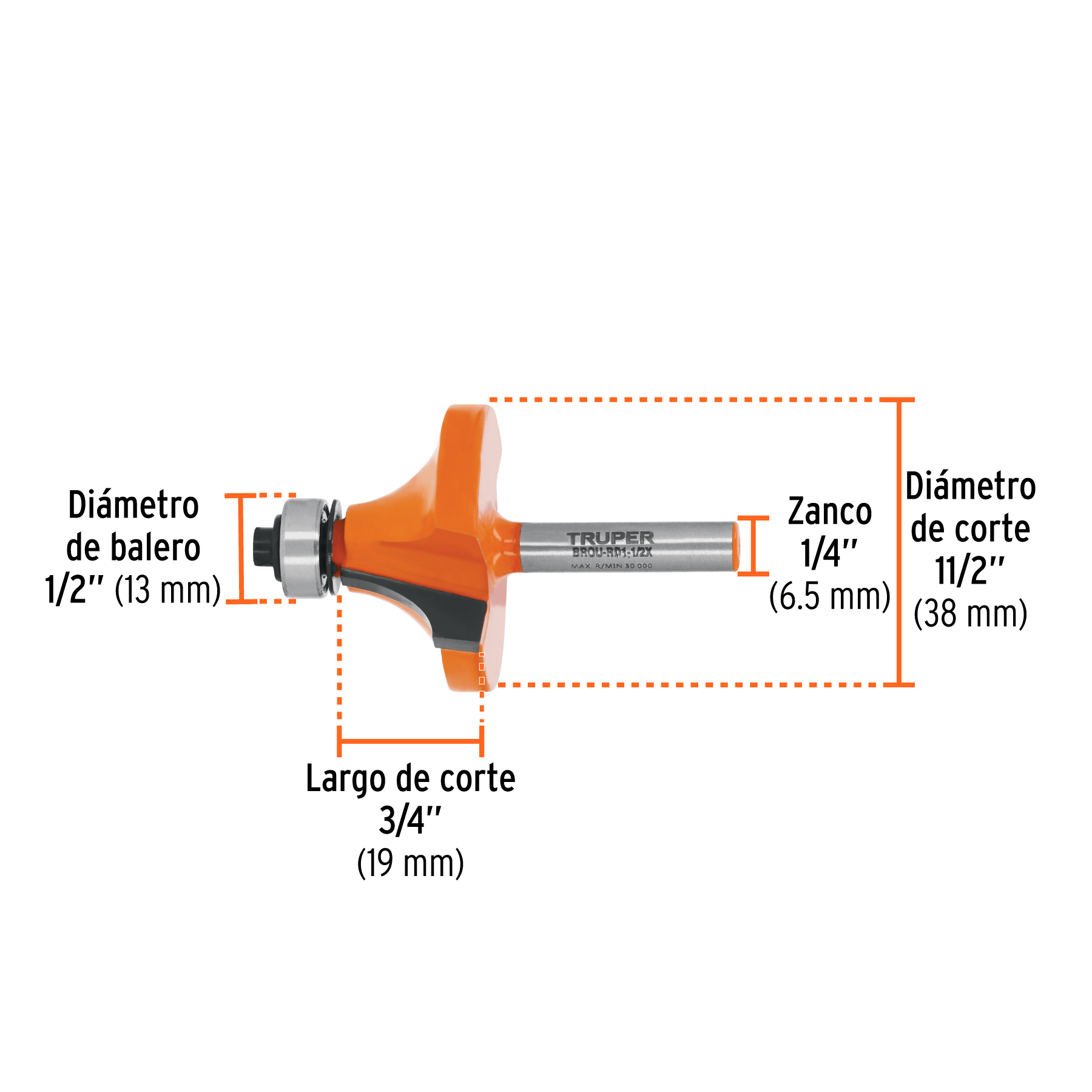 Broca para router, redondeado, 1-1/2" con balero