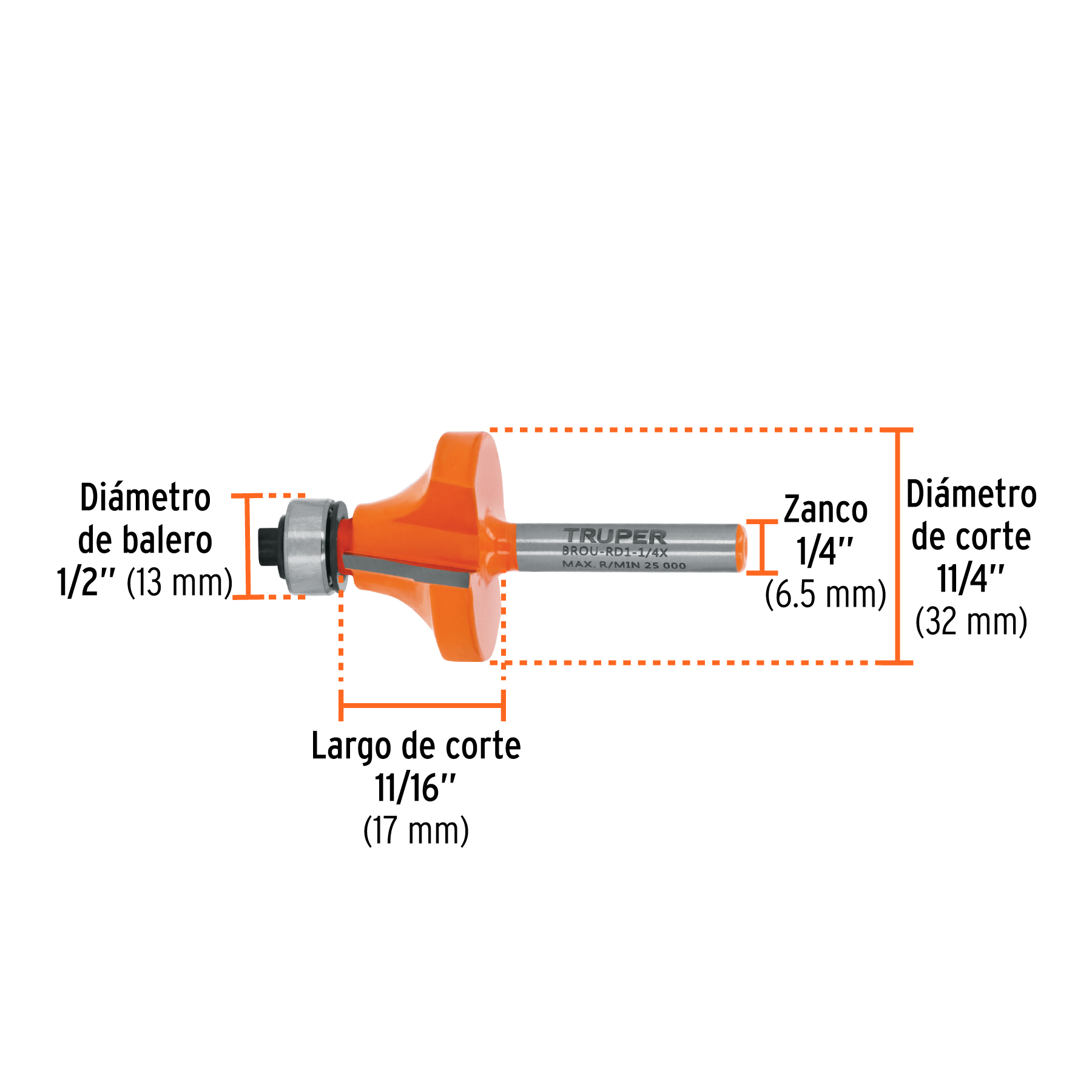 Broca para router, redondeado, 1-1/4" con balero