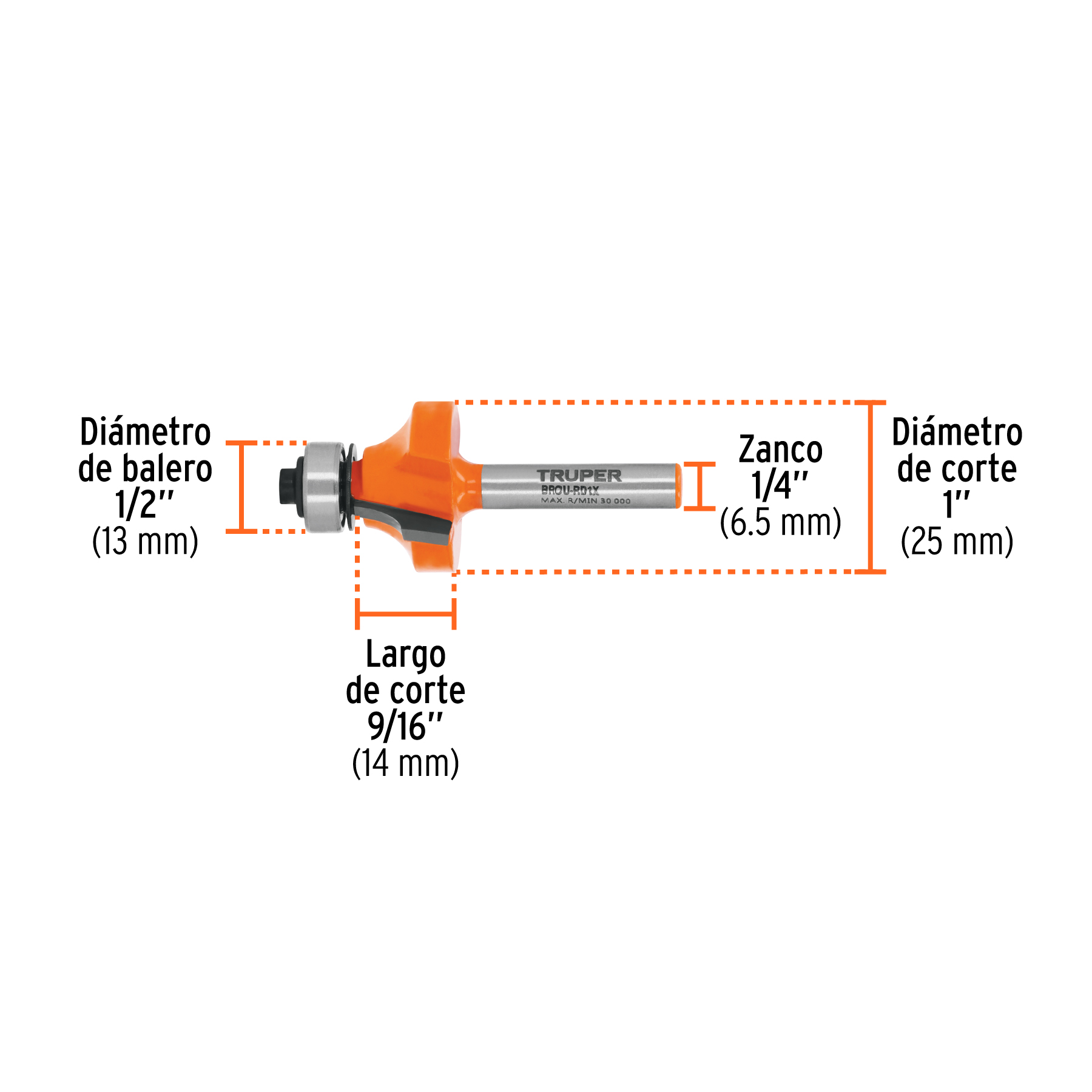 Broca para router, redondeado, 1" con balero