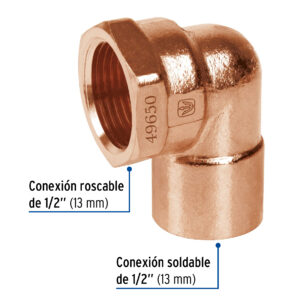 Codo Conector Pipa 90° de cobre rosca interior 1/2"