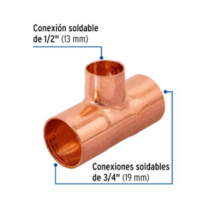 Tee de cobre reducida, 3/4" x 3/4" x 1/2"