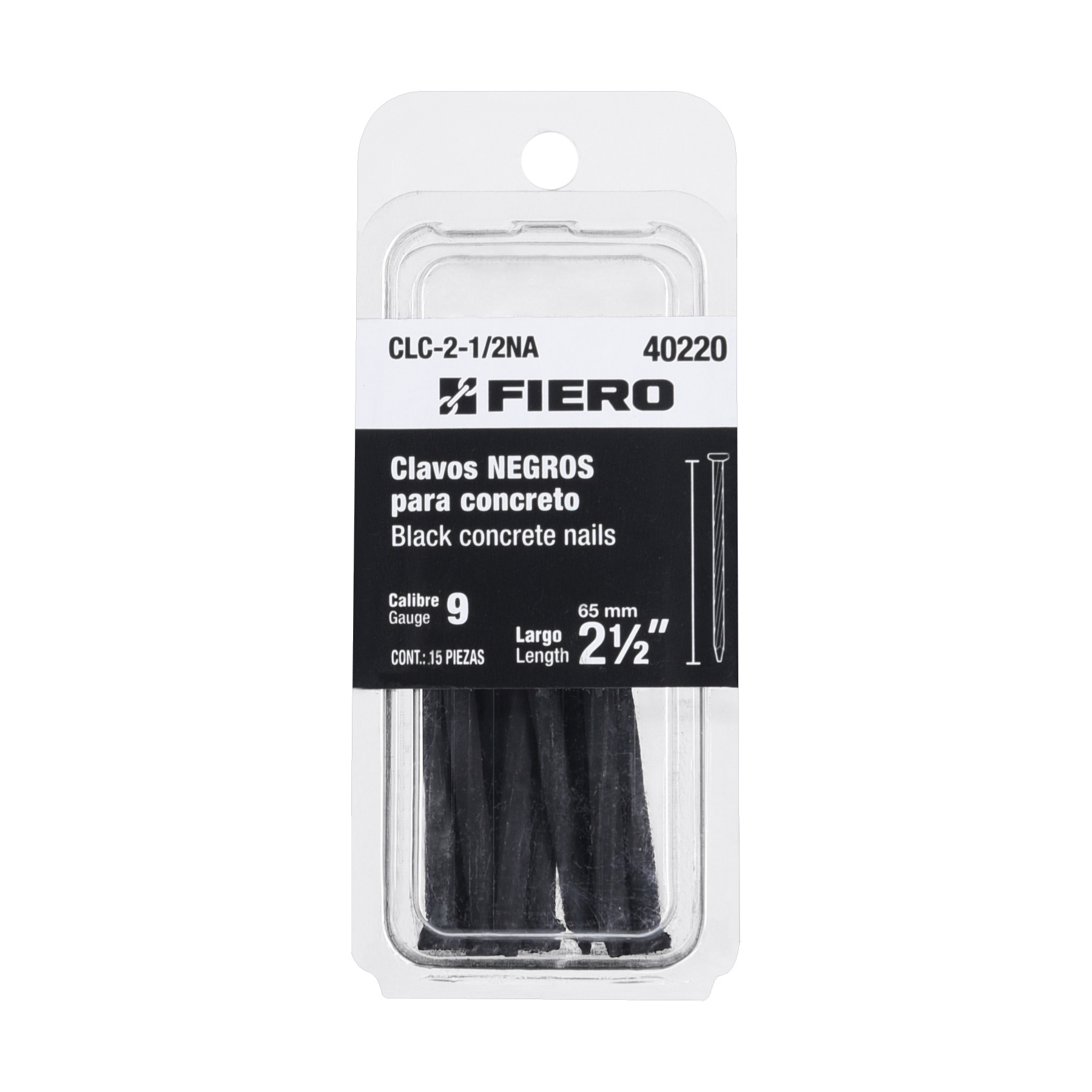 Blister con 15 clavos negros para concreto 2-1/2" Fiero