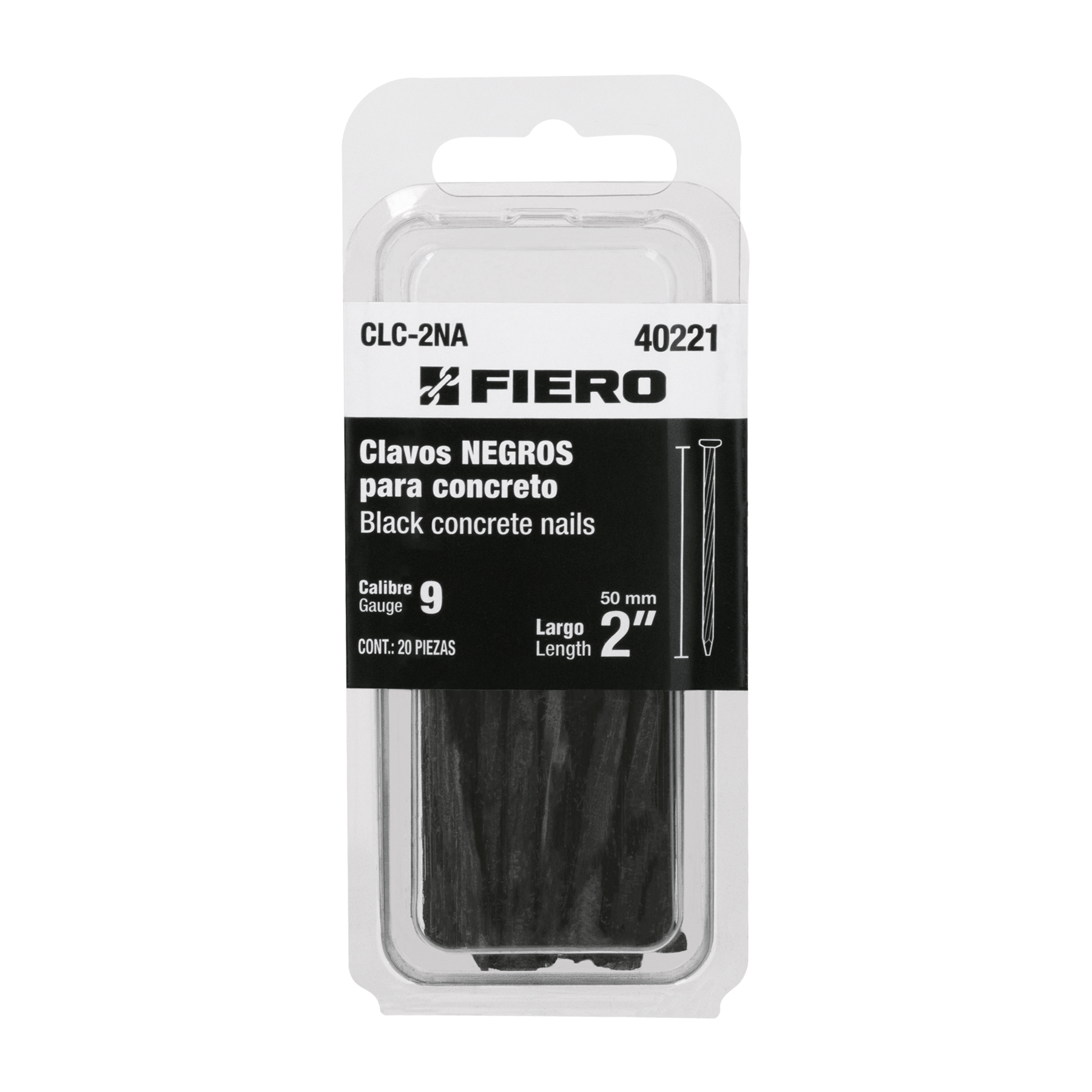 Blister con 20 clavos negros para concreto 2" Fiero