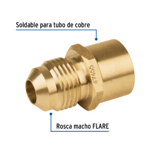 Conector gas de laton flare soldable de 1/2" a 3/8" Flare