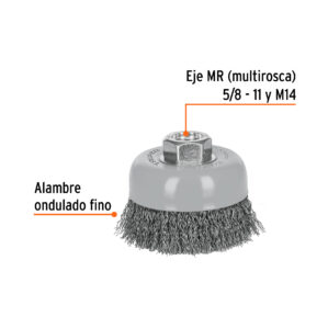 Carda Copa Alambre Ondulado Fino 3" Eje Multirosca 5/8 - 11 y M14