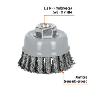 Carda Copa Alambre trenzado grueso 3" Eje Multirosca 5/8 - 11 y M14