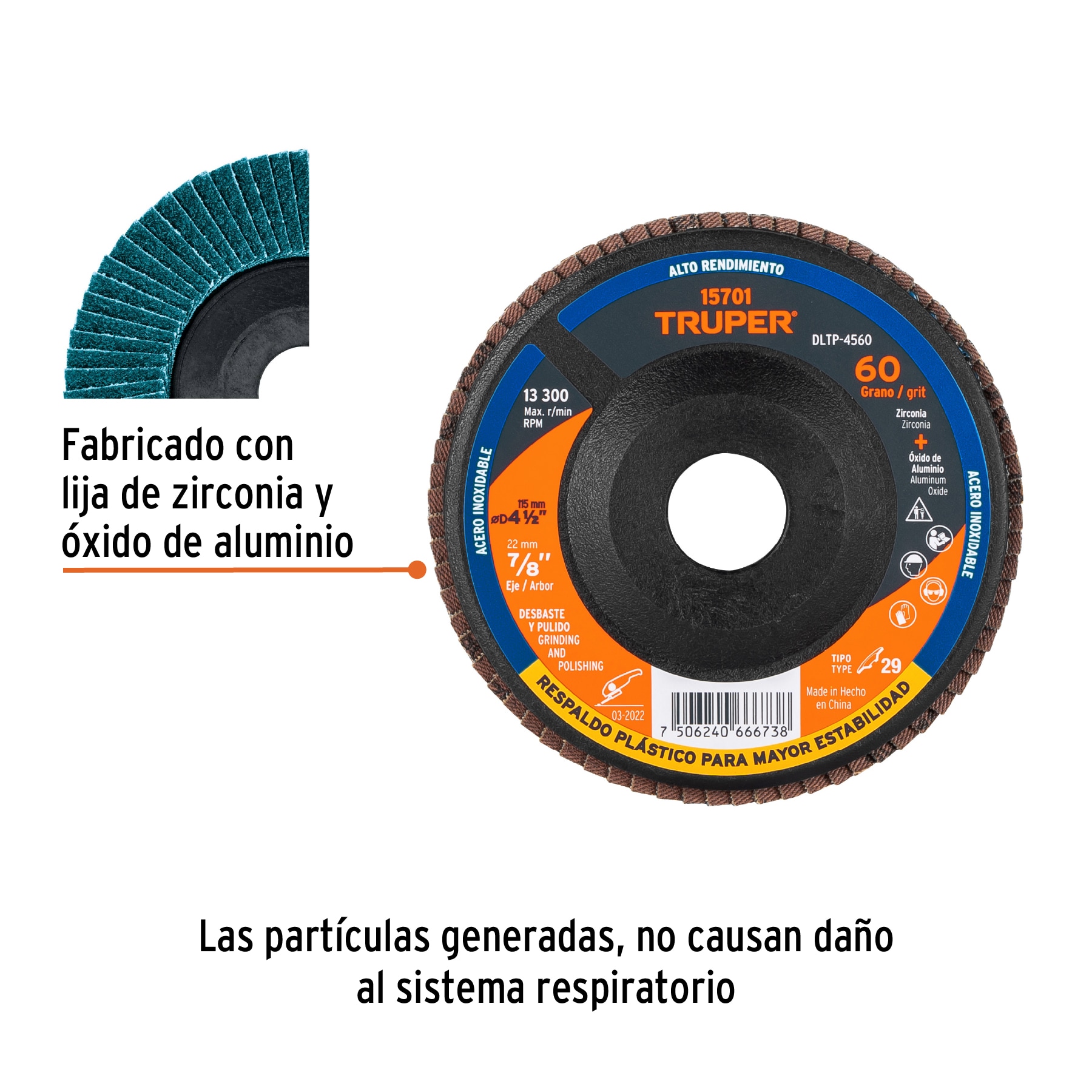 Disco laminado Grano 60 respaldo plastico 4-1/2" grano 80 Centro 7/8"