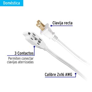 Extension electrica domestica 3 m blanca con clavija recta