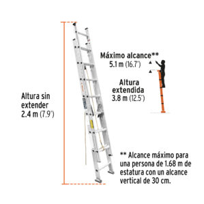 Escalera de extension 150kg 16 peldaños Ext 3.8m Max: 5.1m