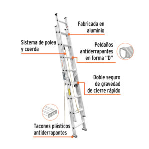 Escalera de extension 150kg 16 peldaños Ext 3.8m Max: 5.1m