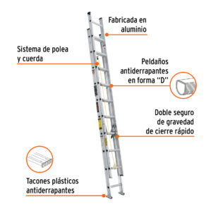 Escalera de extension 150kg 20 Escalones Ext 4.9m Max: 6.3m