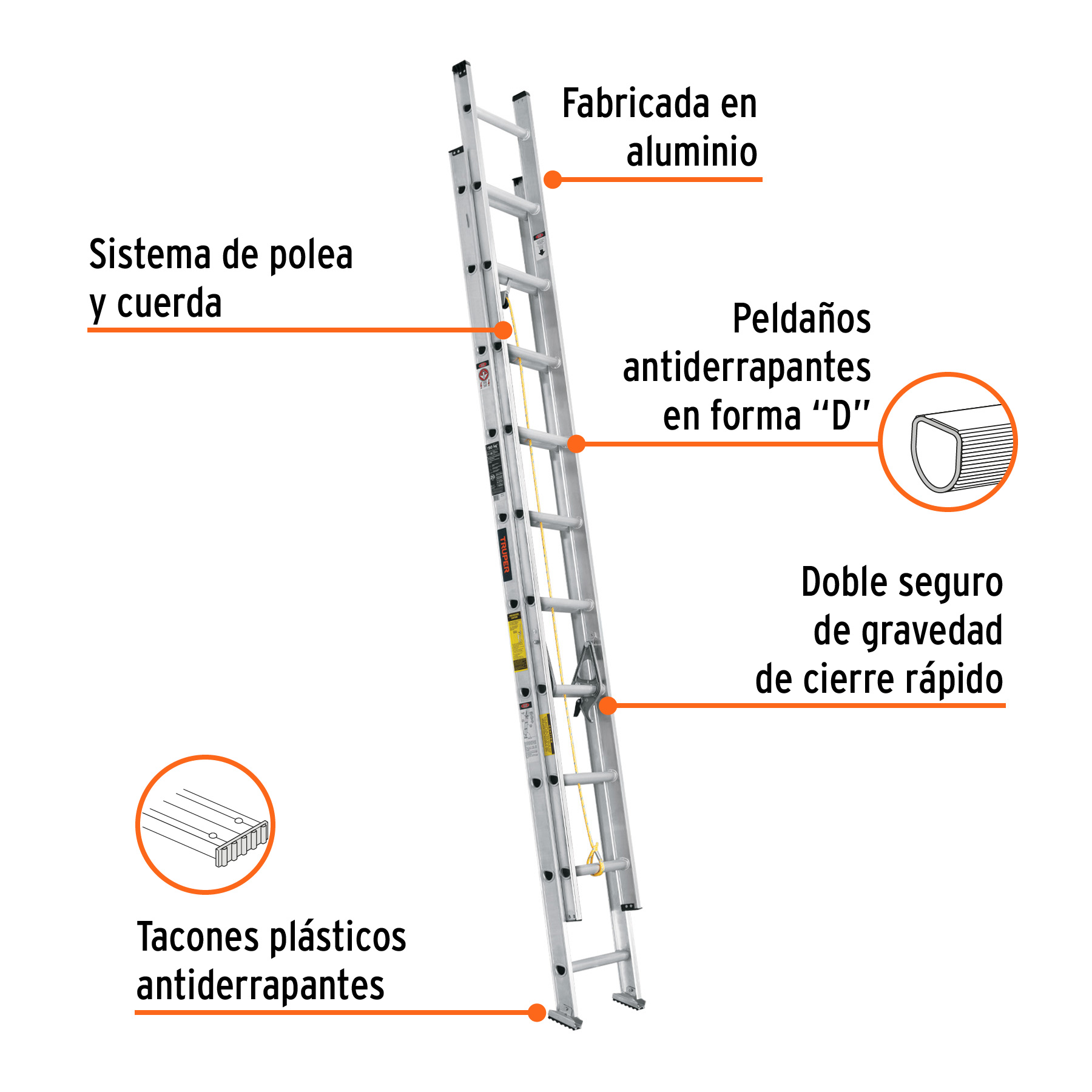 Escalera de extension 150kg 20 Escalones Ext 4.9m Max: 6.3m