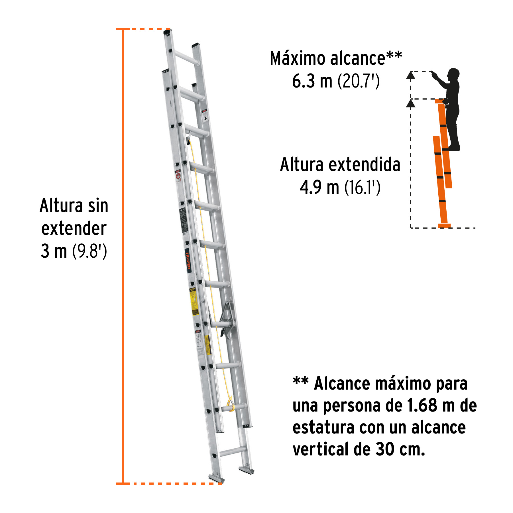 Escalera de extension 150kg 20 Escalones Ext 4.9m Max: 6.3m