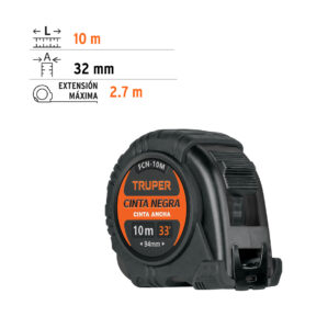 Flexometro contra impactos 10m Cinta Negra 32mm Truper