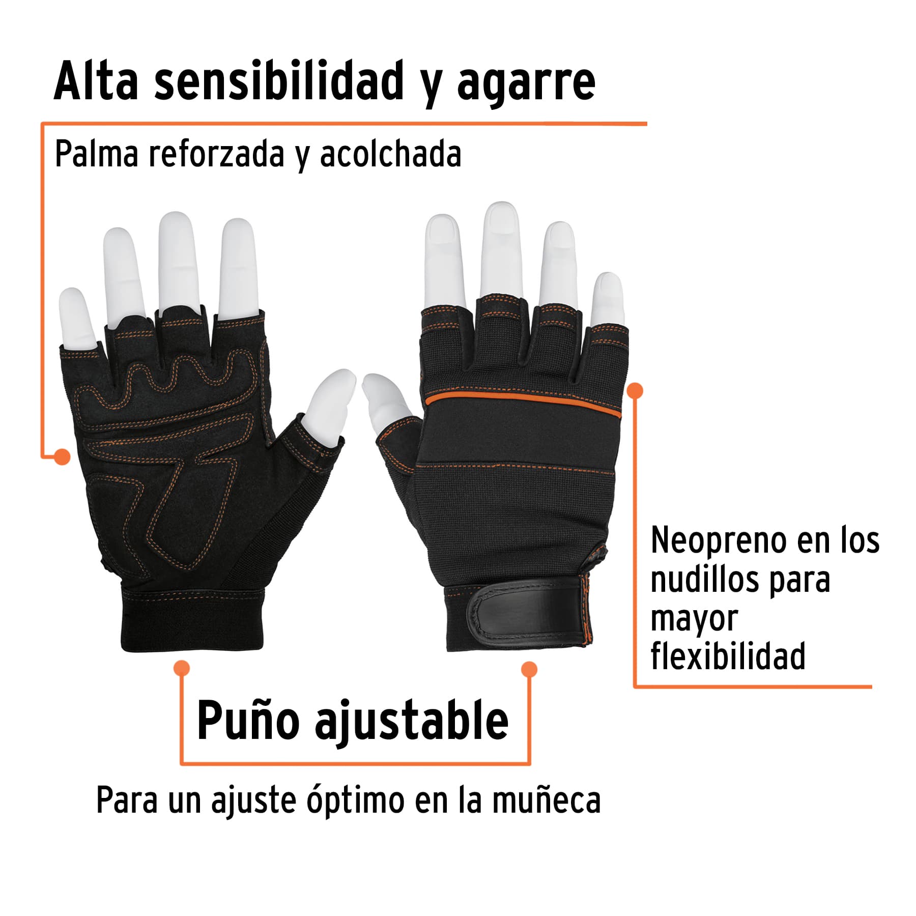 Guantes para mecanico cortos dedos palma carnaza sintetica