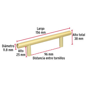 Jaladera laton brillante estilo Cilindro Largo 96mm