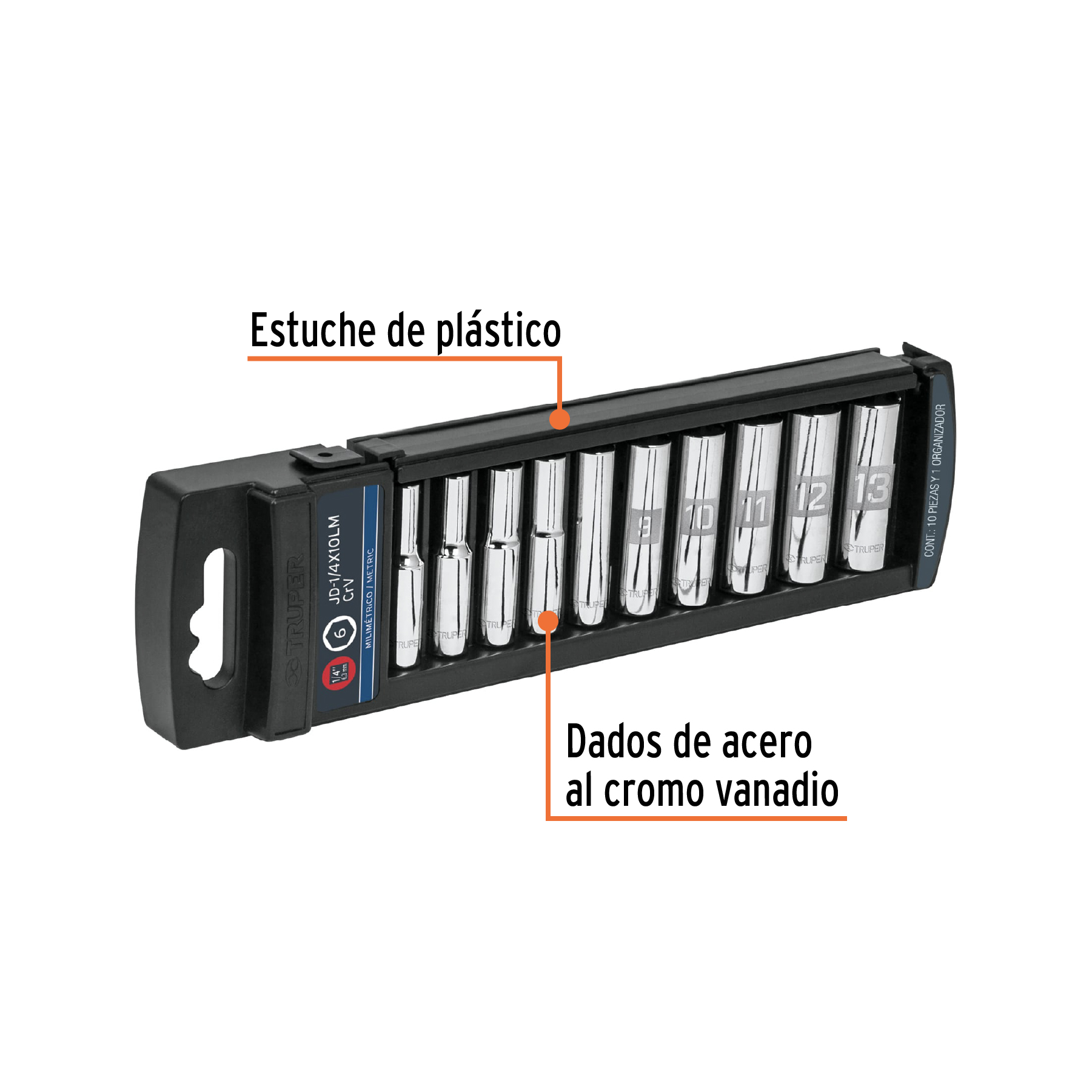 Juego de 10 dados largos milimetricos cuadro 1/4"