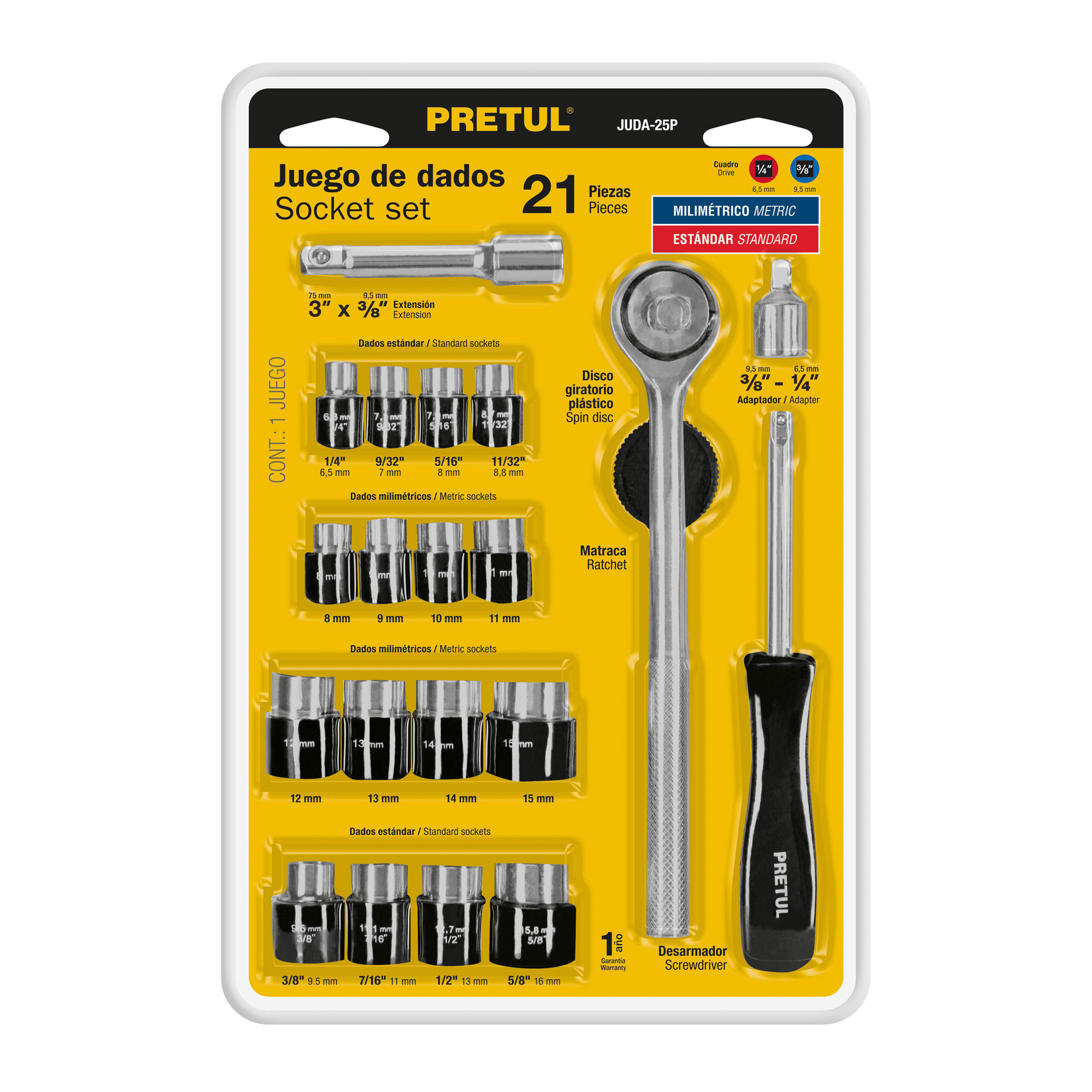 Kit Matraca con juego de dados cuadro 1/4 y 3/8" 21 piezas Pretul