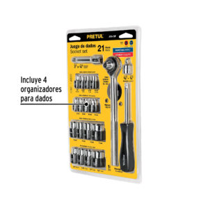 Kit Matraca con juego de dados cuadro 1/4 y 3/8" 21 piezas Pretul