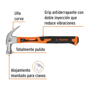 Martillo pulido uña curva 16oz Mango de fibra de vidrio