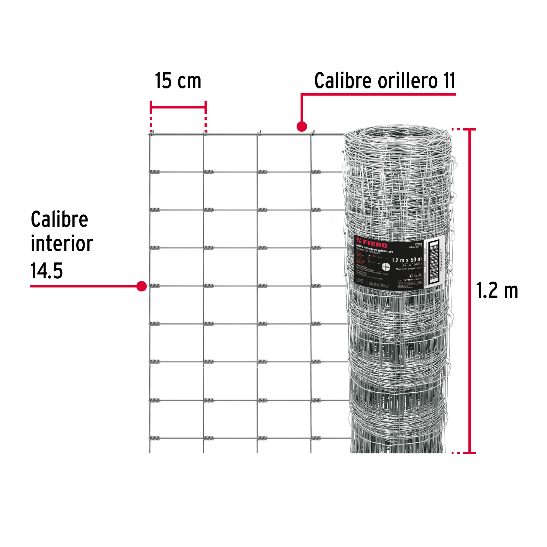 Malla ganadera de acero galvanizado de 1.2m Rollo de 50m