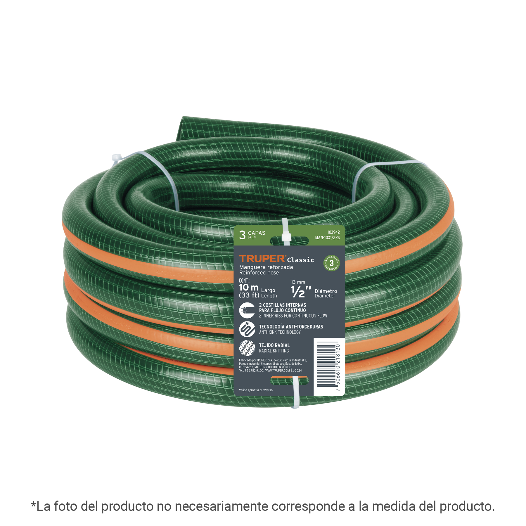 Rollo de 5m Manguera de jardin Agua 1/2" de 3 capas Truper