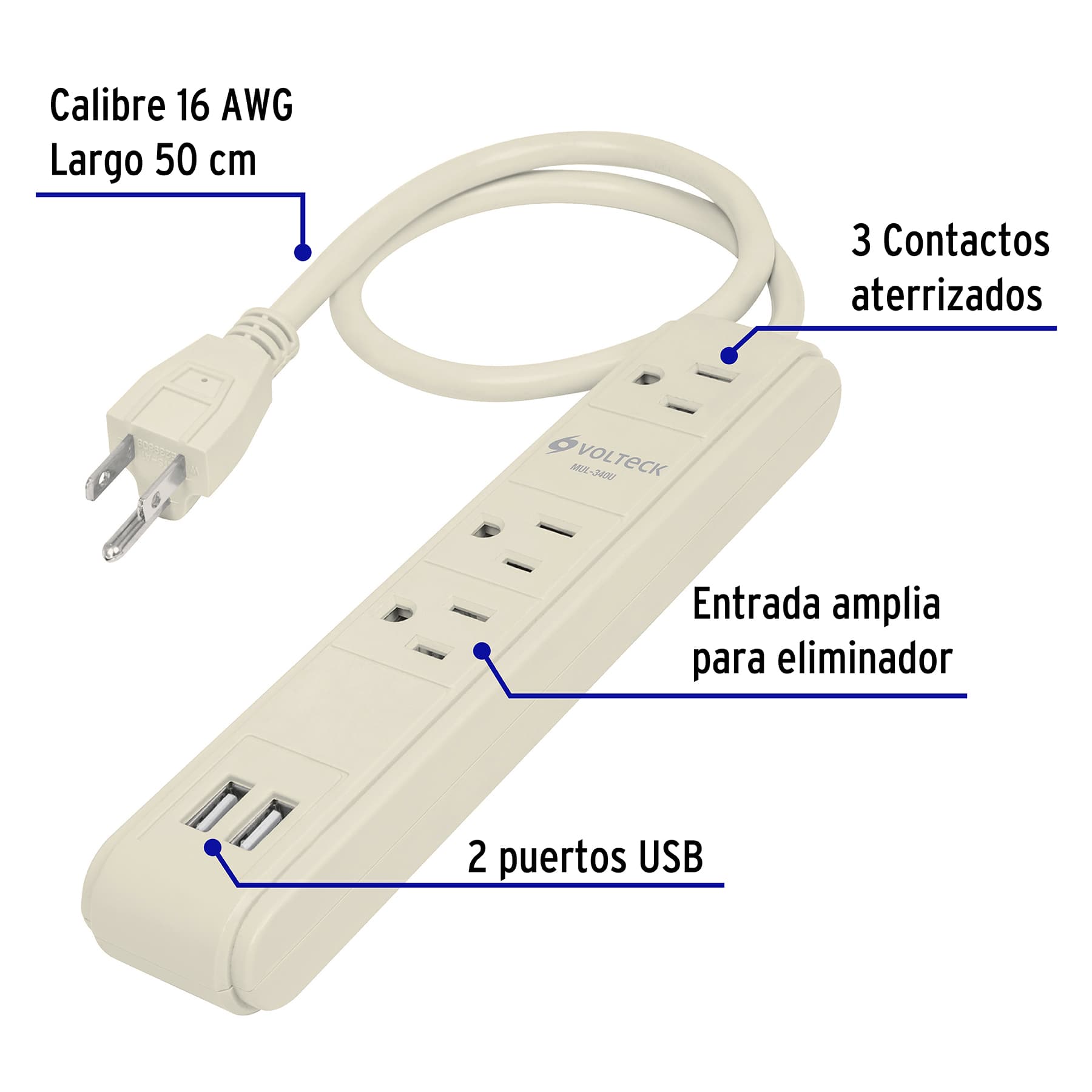 Multicontacto 3 entradas Supresor Picos con 2 puertos USB