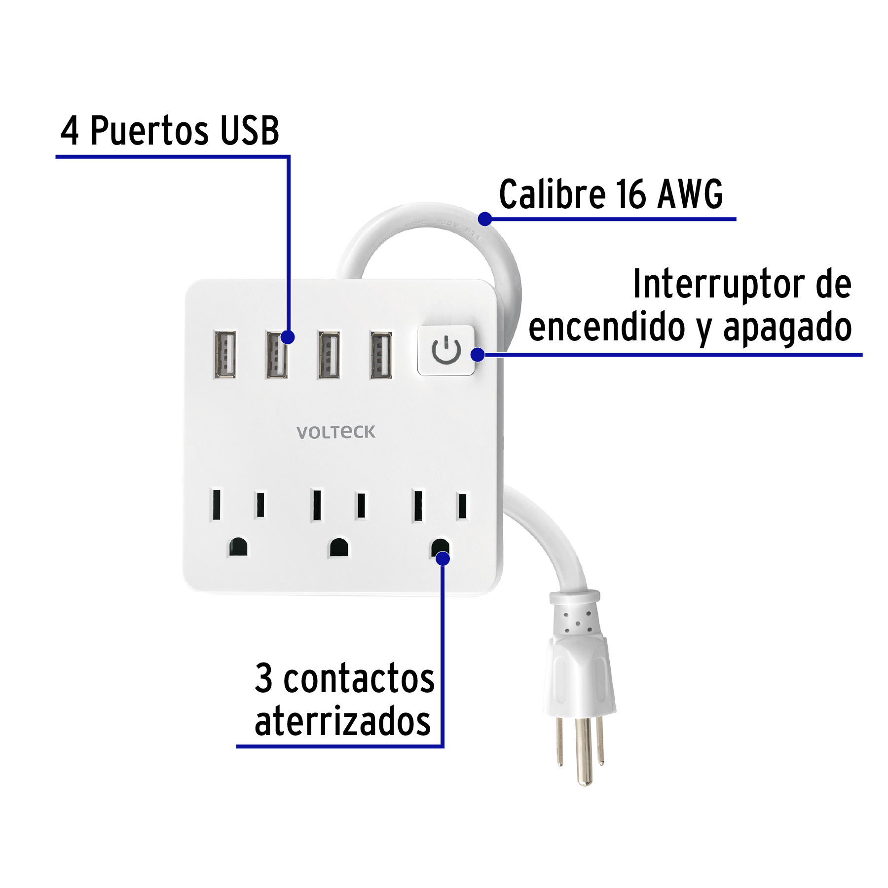 Extension Multicontacto 3 entradas y 4 puertos usb Blanco