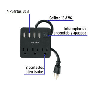Extension Multicontacto 3 entradas y 4 puertos usb Negro