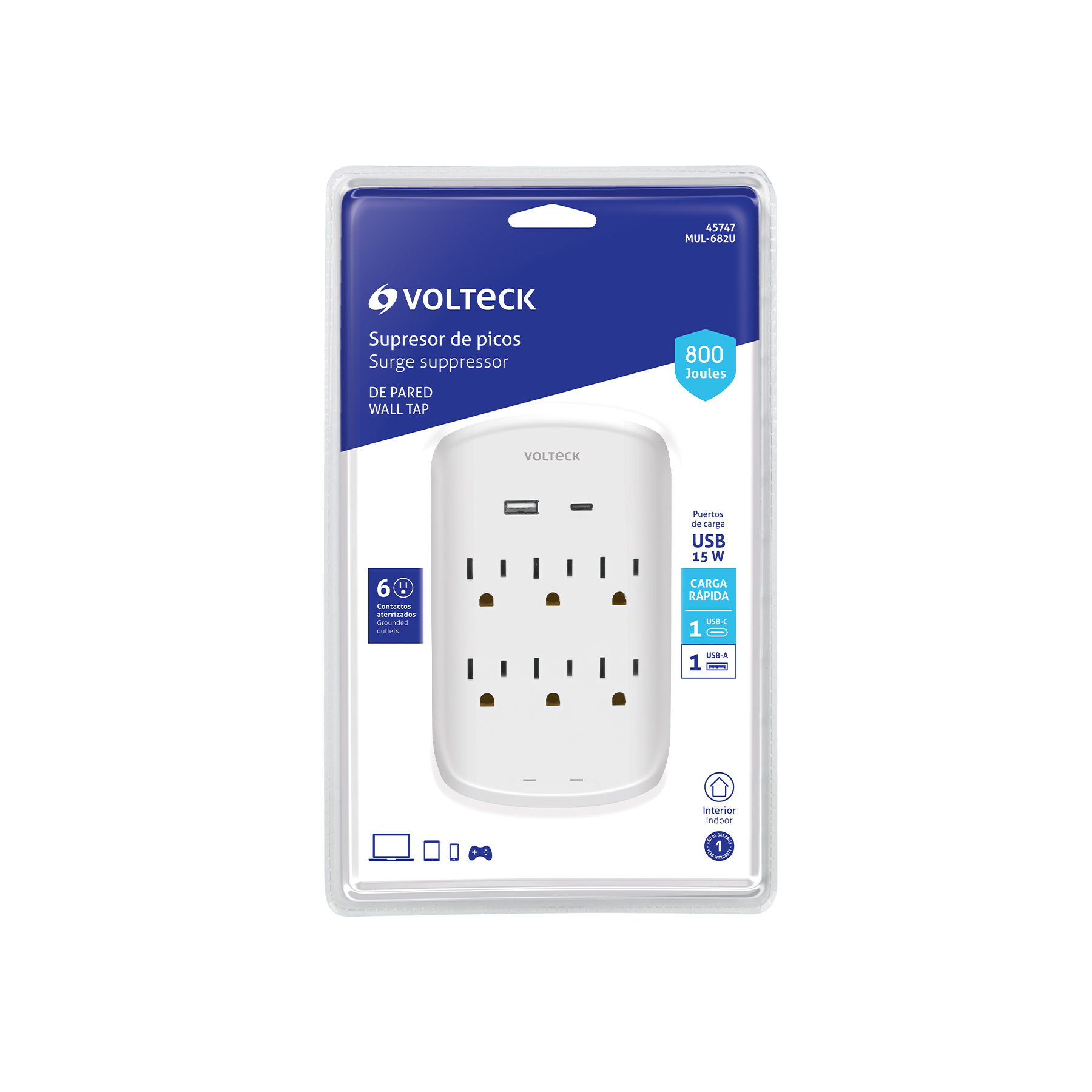 Multicontacto de pared de 6 contactos y 2 USB A+C 800 Joules