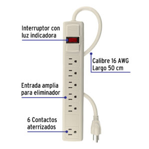 Multicontacto uso domestico, 6 entradas,16 AWG