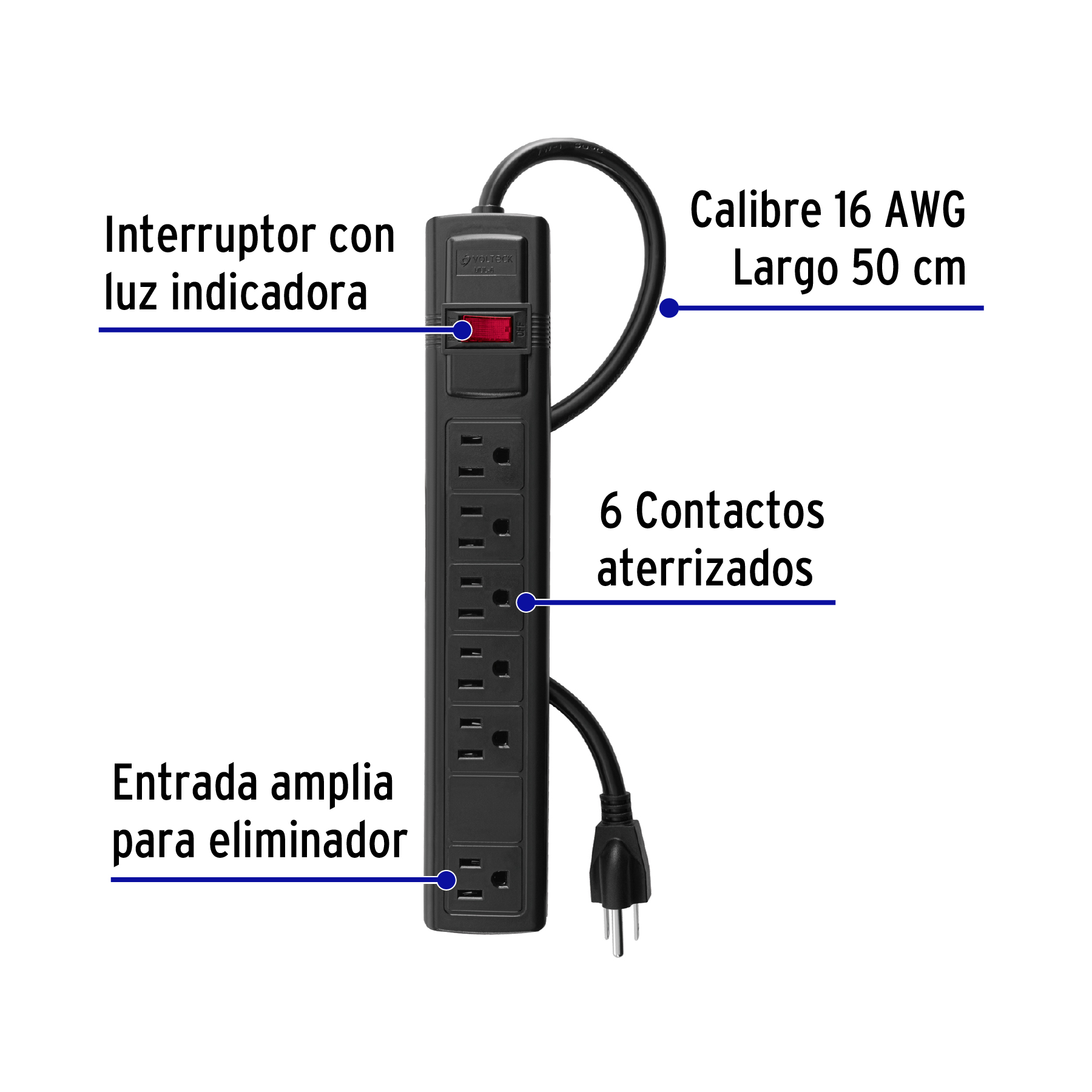 Multicontacto Calibre 16 Domestico 6 Entradas Negro Volteck