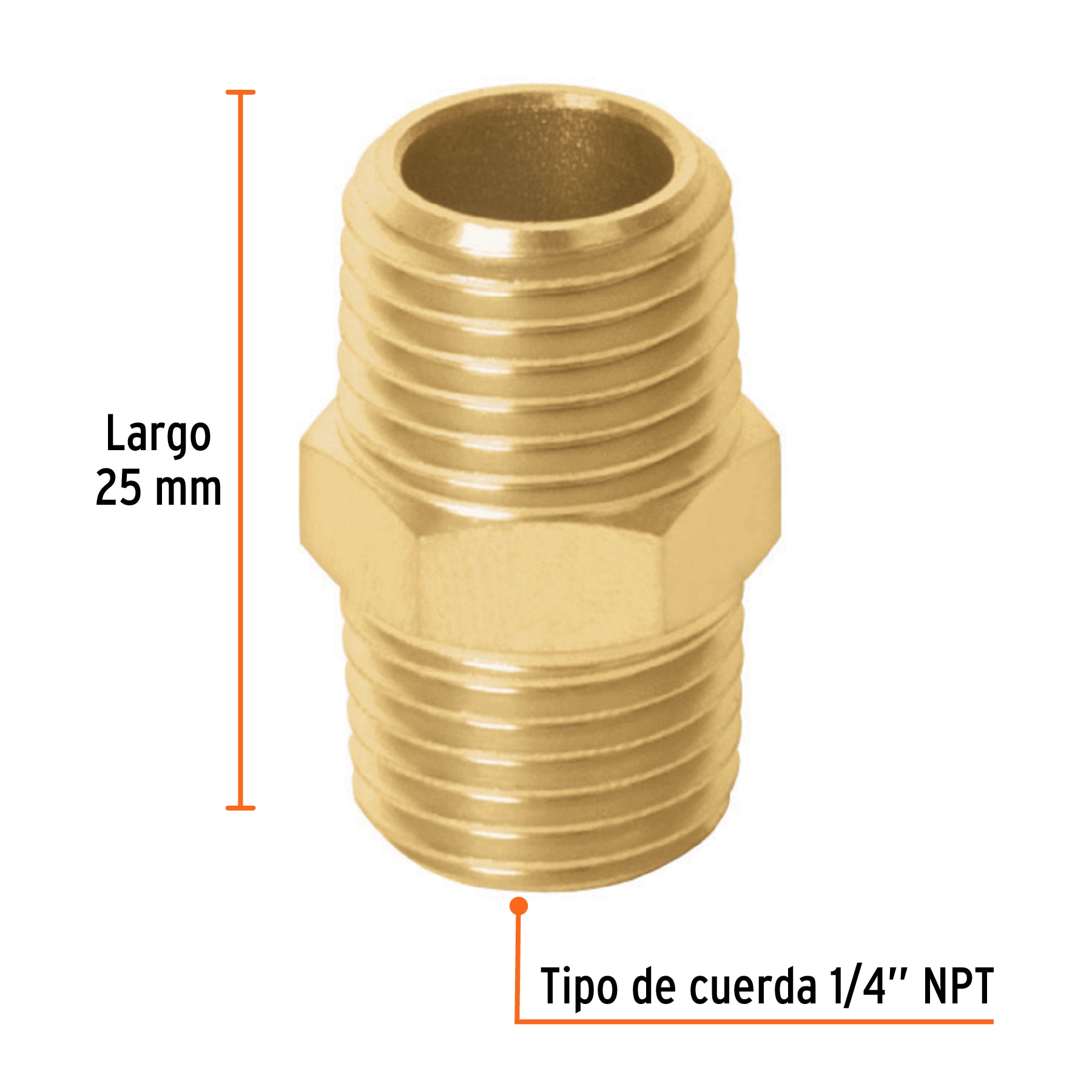 Niple de laton aire tipo FF cuerda 1/4 NPT