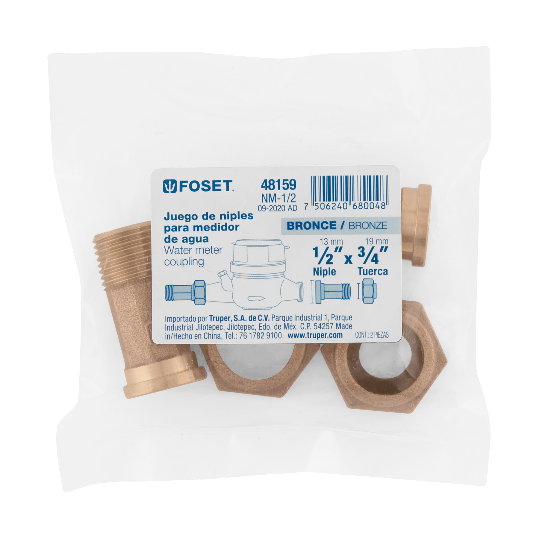 Juego de 2 Niples con tuercas para medidor de agua de 1/2" x 3/4"
