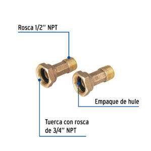 Juego de 2 Niples con tuercas para medidor de agua de 1/2" x 3/4"