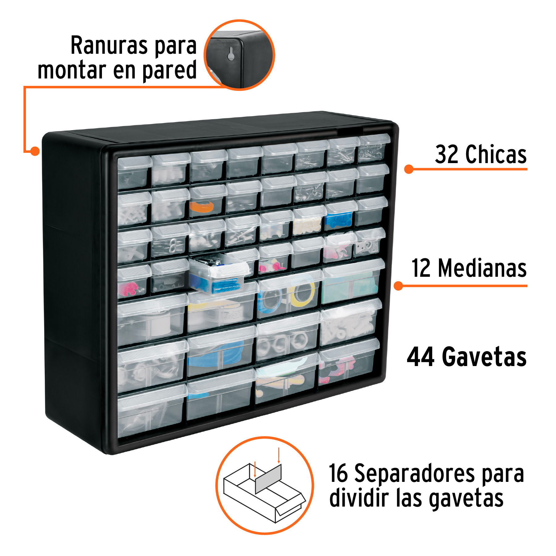 Organizador con 44 gavetas - 12 Medianas y 32 Chicas Truper