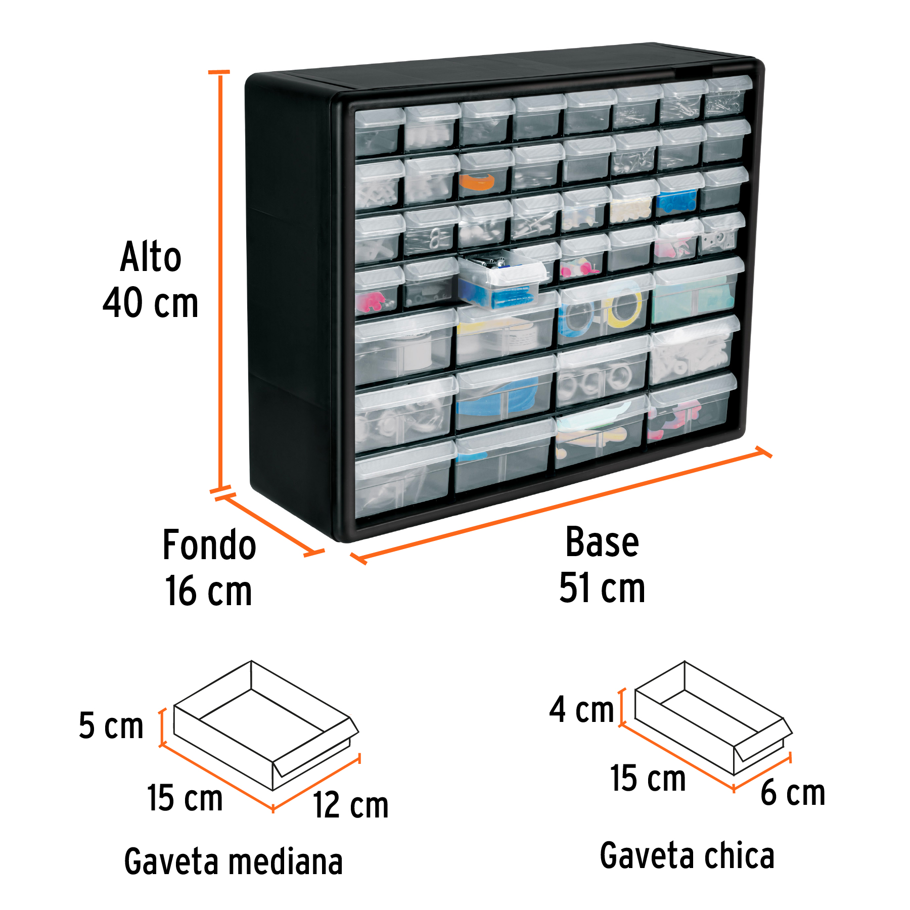 Organizador con 44 gavetas - 12 Medianas y 32 Chicas Truper