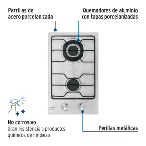 Parrilla gas empotrable 30cm, 2 quem, inox, esmalte, Foset