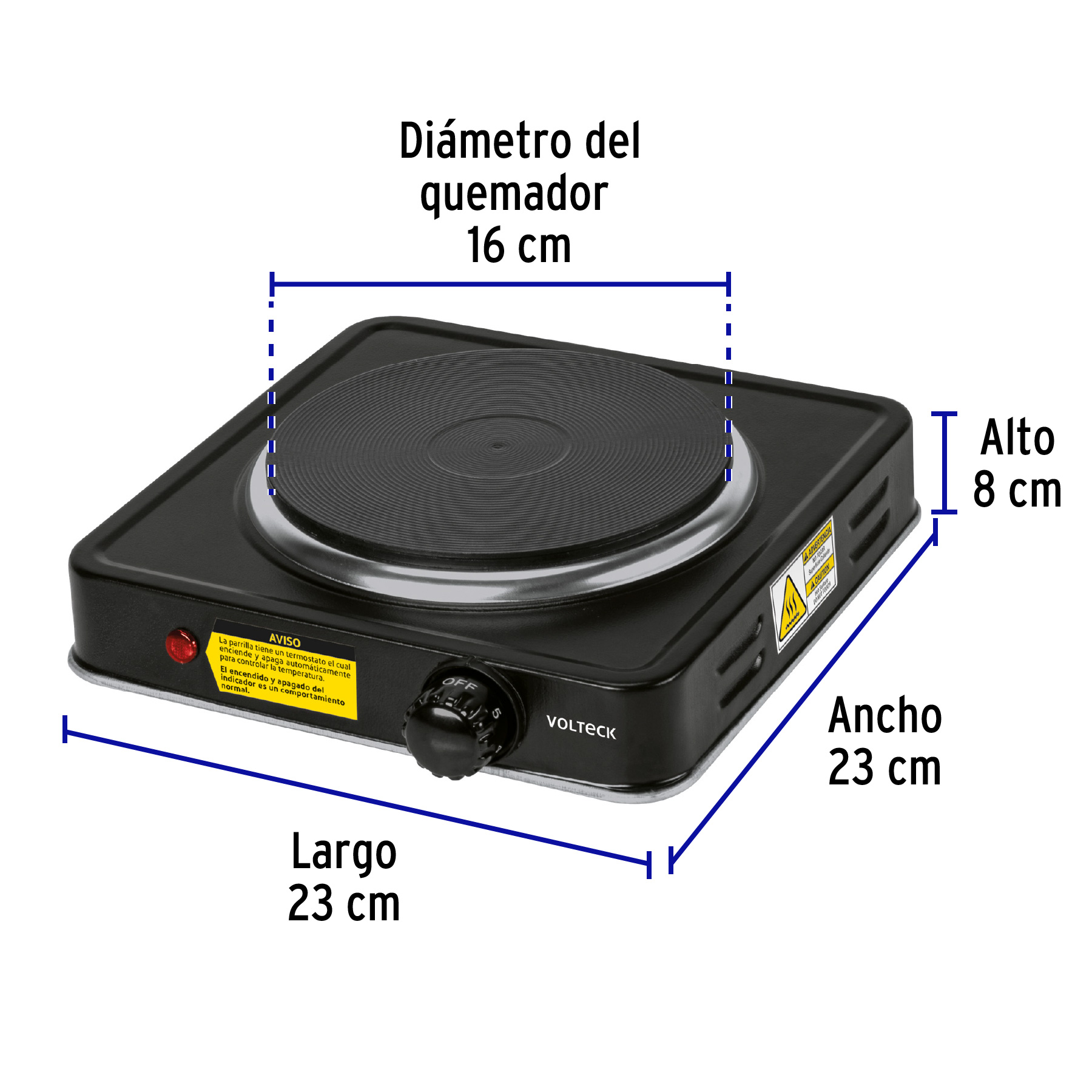 Parrilla electrica quemador tipo disco, negra, Volteck