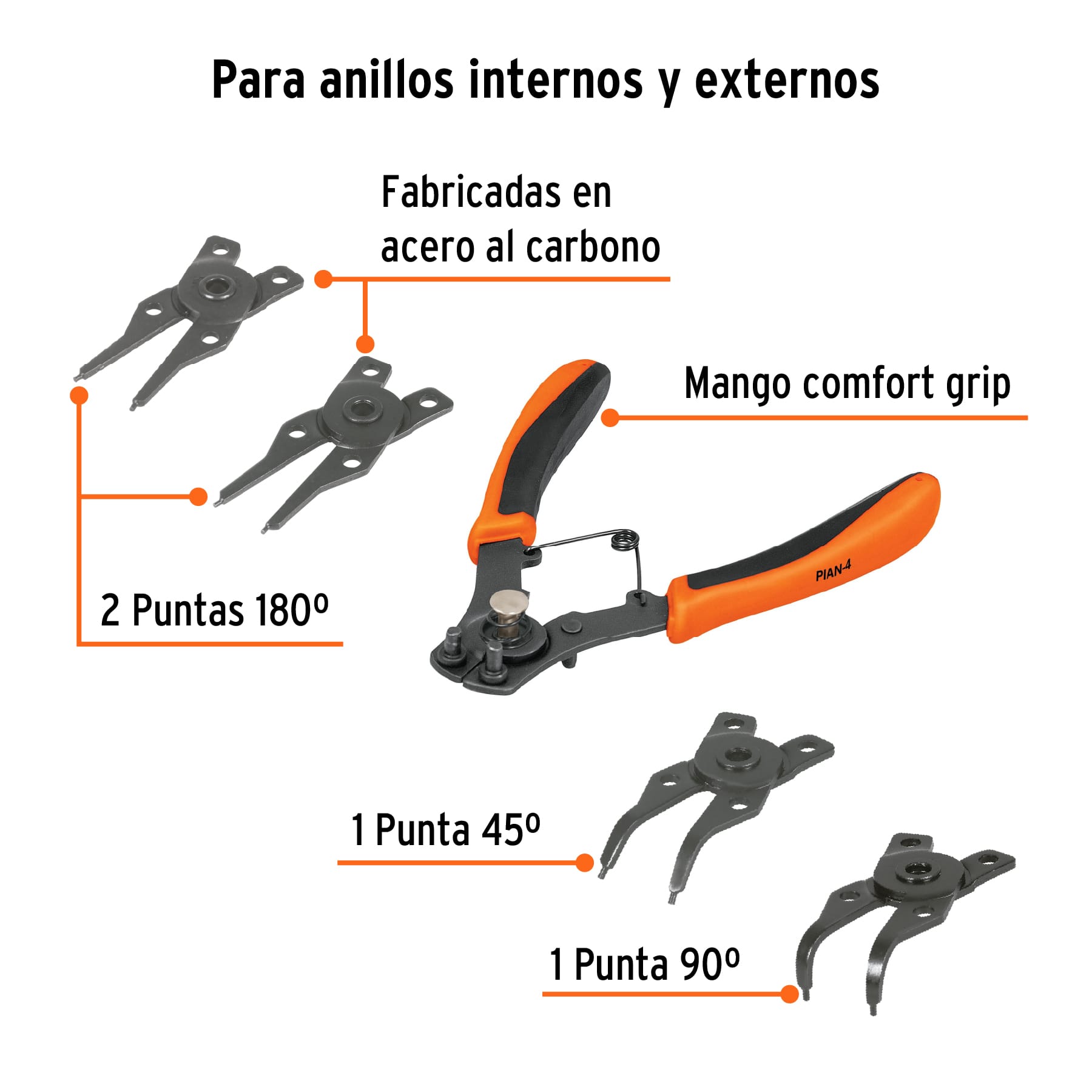 Pinza para anillos de retencion 6" con 4 cabezas intercambiables