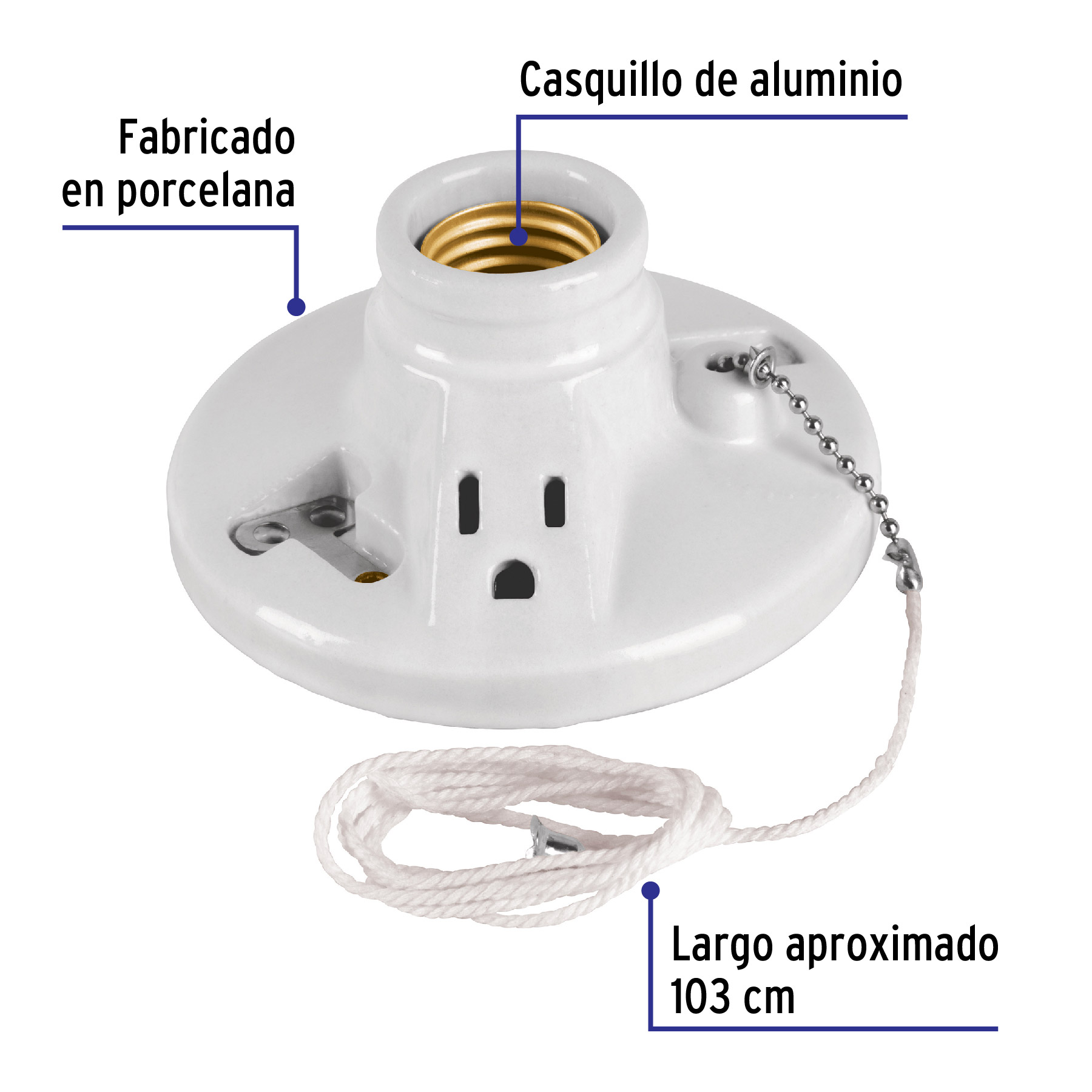 Portalampara socket de porcelana con ladron y cadena Volteck