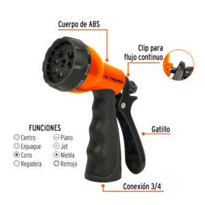 Pistola plastica para manguera 8 funciones Riego Jardineria