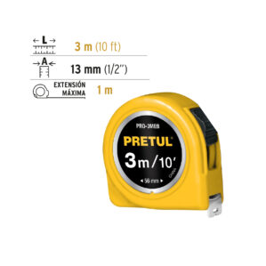 Flexometro amarillo 3m cinta 13mm Pretul