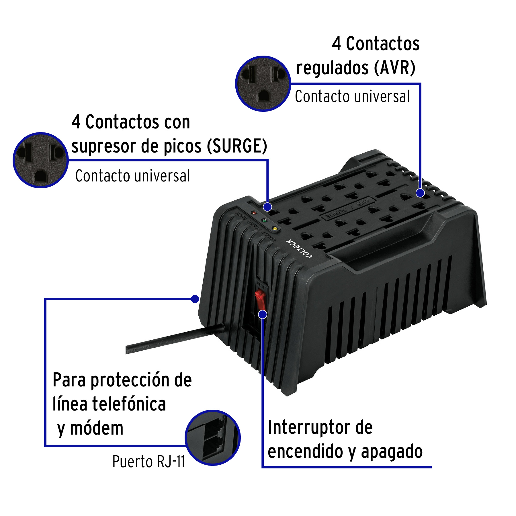 Regulador de voltaje de 1200VA de 600w 8 contactos